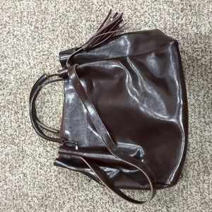 Brown leather tassel handbag shiny large
